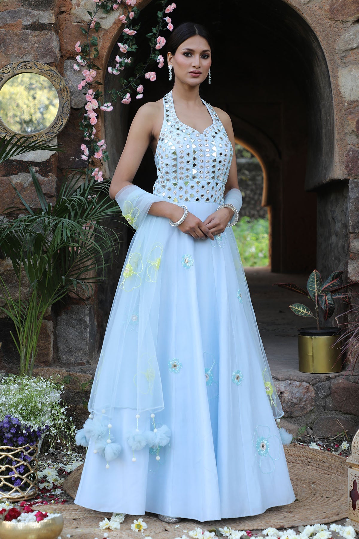 Buy Blue Mirror Work Anarkali Set by Nitisha Kashyap for women online at ScrollnShops